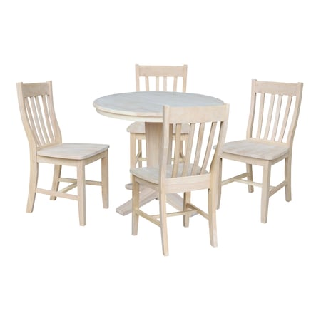 International Concepts 36 in.Round Extension Dining Table with 12 in.Leaf and 4 Dining Chairs in Unfinished - 5 Piece Set K-36RXT-23B-C61-4